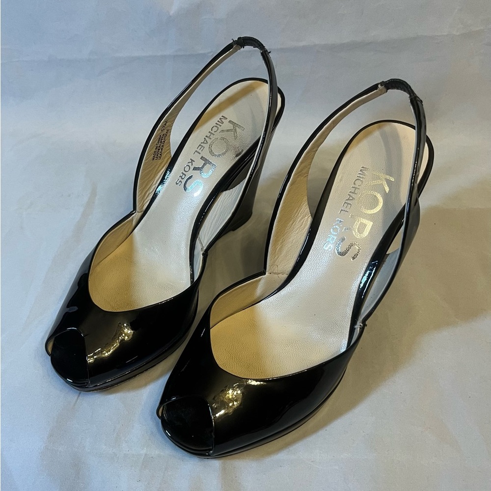 Michael Kors Black Patent Peep-Toe Slingback Wedge Heels